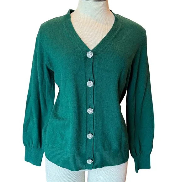 J Jill Boxwood Bejeweled Button Cardigan Sweater Green Cotton Blend Medium NEW - Picture 3 of 11